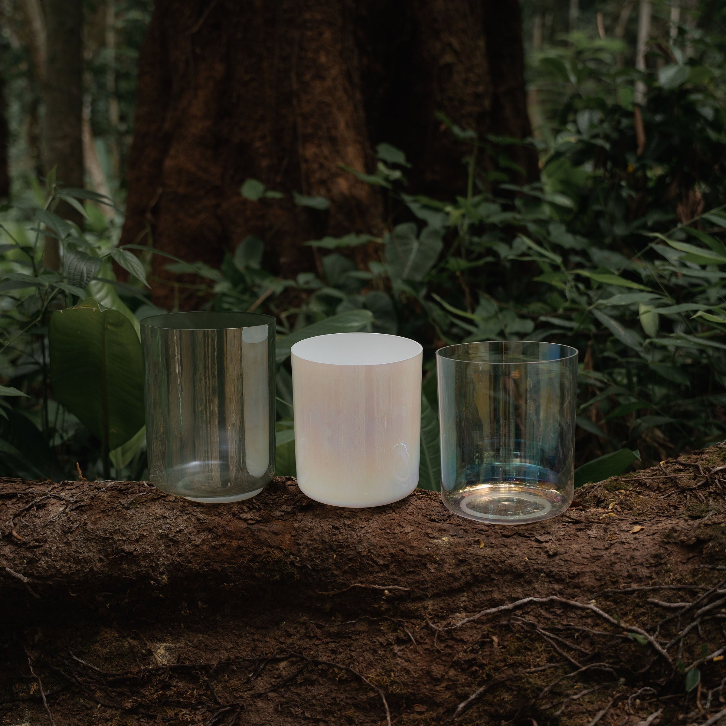 Terratone Signature 3-Bowl Set in earthy green crystal quartz tones displayed on natural moss and stone in a lush forest setting, featuring lightweight travel-ready crystal singing bowls inspired by nature and
