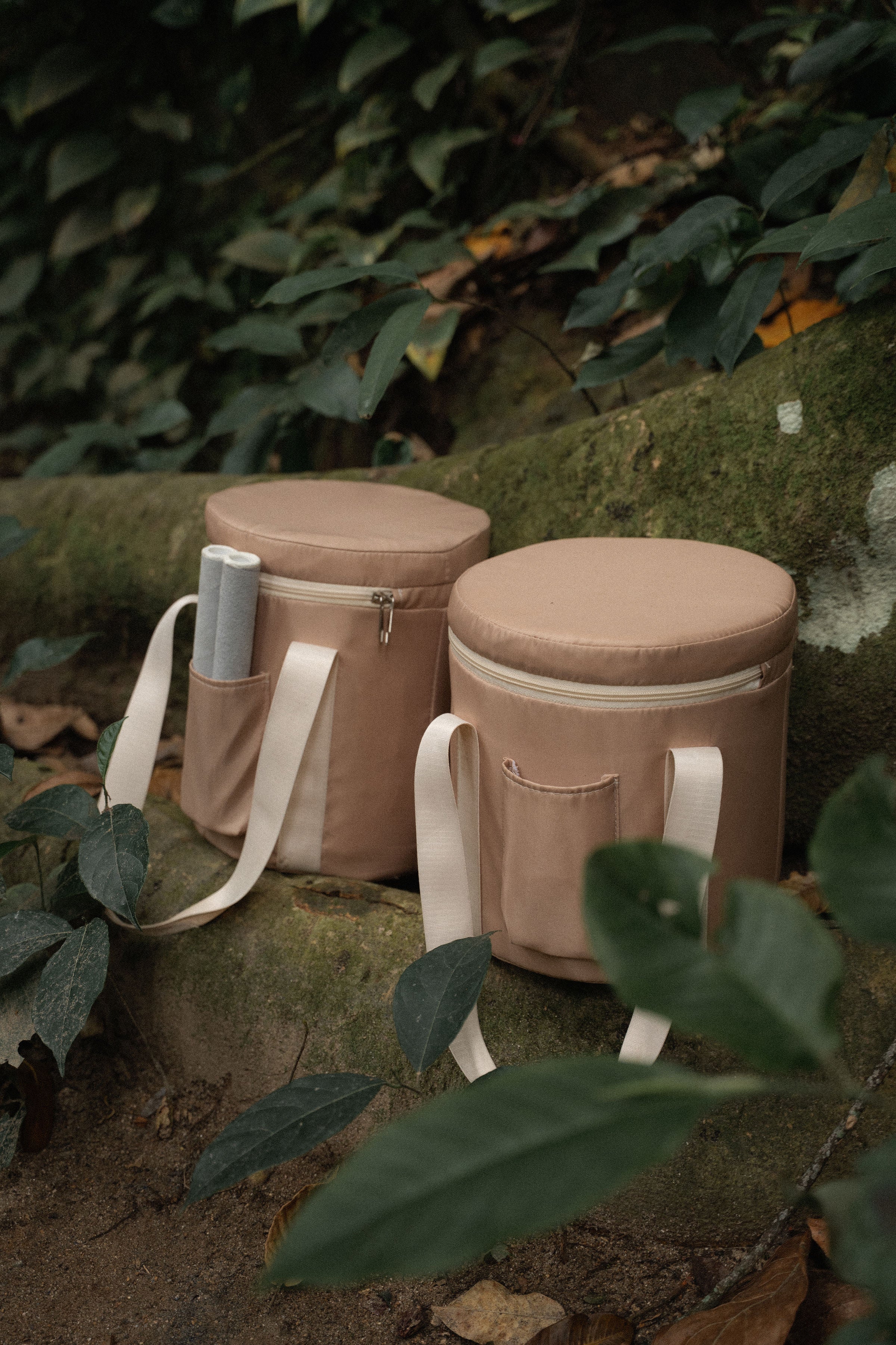 Terratone crystal singing bowls bags in a grounded forest setting